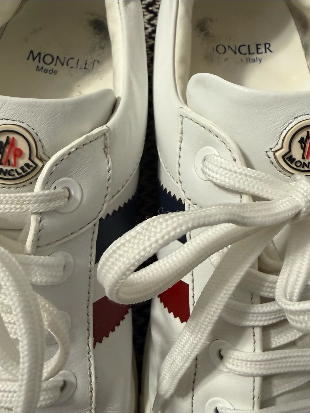 Moncler Ariel Low Top White Leather Sneakers with Red & Blue Accents - Picture 8 of 10